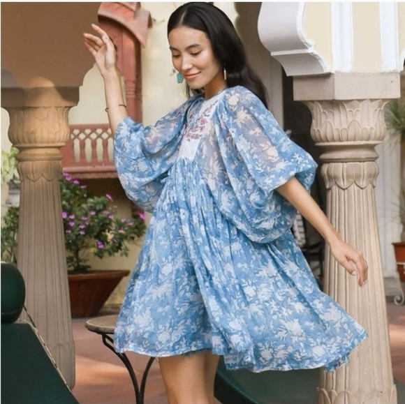 Daughters of India Jaya Mini Dress in Juniper Floral Blue Dress Size XL - Picture 5 of 16